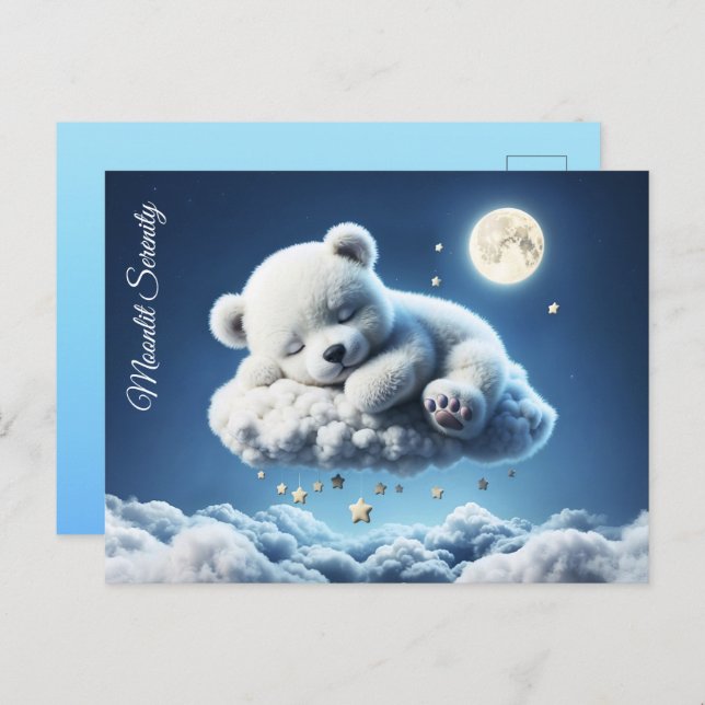 Postal Oso mágico noche soñadora arte azul pastel (Anverso / Reverso)