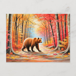 Postal Oso marrón en el arte de pastel en el bosque otoña