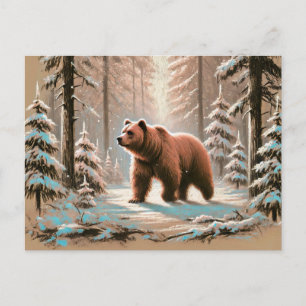 Postal Oso marrón en el bosque nevado Pastel Chalk Art