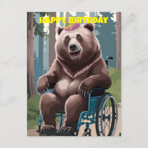 Postal oso marrón en la naturaleza de la silla de ruedas 