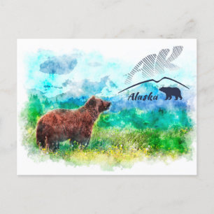 Postal Oso marrón kodiak. Pintura acuarela