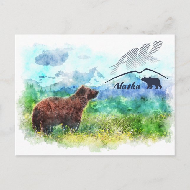 Postal Oso marrón kodiak. Pintura acuarela (Anverso)