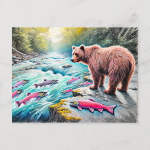 Postal Oso marrón viendo el dibujo de Salmon Pastel