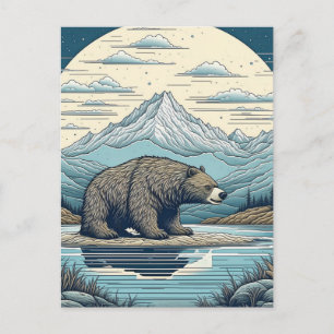 Postal Oso, Montañas, Lago, Arte de IA de Luna Llena