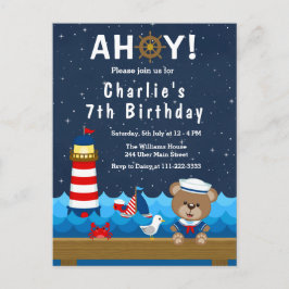 Postal Oso Niño Náutico Cumpleaños Rojo y Azul Marino Fie