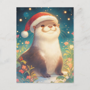 Postal Oso Nutria de Acuarela Festiva con Gorro de Santa
