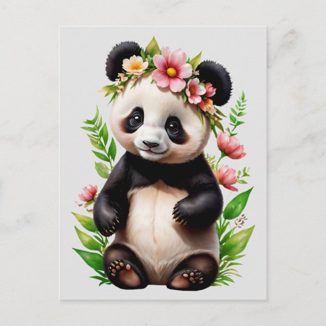 Postal Oso Panda Con Flores (Anverso)