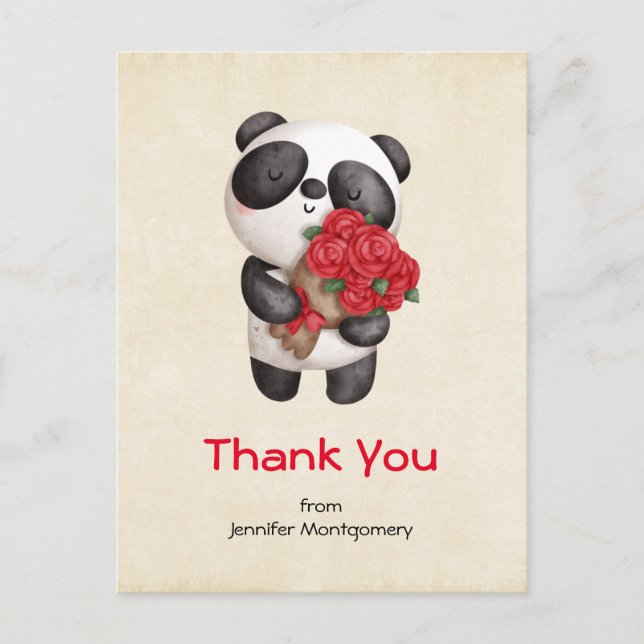 Postal Oso Panda Lindo con Ramo de Rosas Gracias (Anverso)