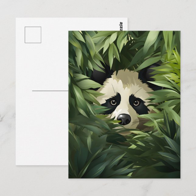 Postal Oso panda lindo escondido detrás de hojas de bambú (Anverso / Reverso)