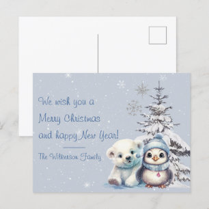 Postal Oso Polar Adorable y Pingüino Navidad Polo Norte