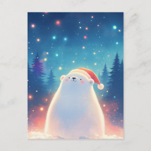 Postal Oso Polar de Navidad Dulce en Bosque Estrellado