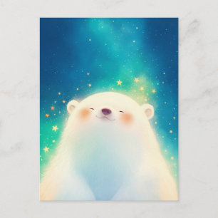 Postal Oso Polar Feliz en Cielo Azul Turquesa Estrellado