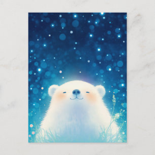 Postal Oso Polar Feliz en Pradera Azul Estrellada