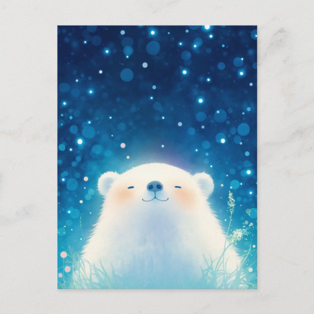 Postal Oso Polar Feliz en Pradera Azul Estrellada (Anverso)