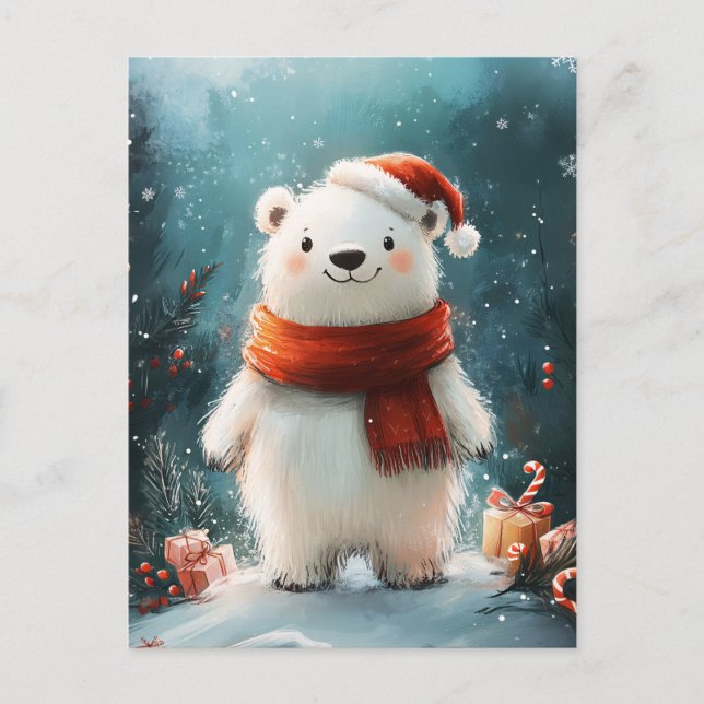 Postal Oso polar lindo Santa Hat y arte de la careta (Anverso)
