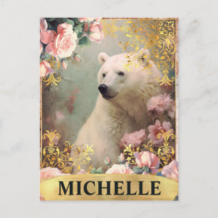 Postal Oso Polar Vintage de color de agua y rosas rosadas