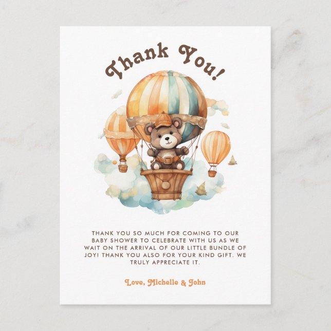 Postal Oso rústico lindo con ducha de bebé con globos (Anverso)