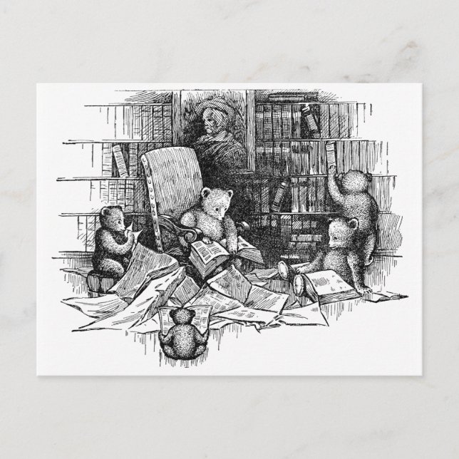 Postal Osos de peluche leyendo en la biblioteca (Anverso)