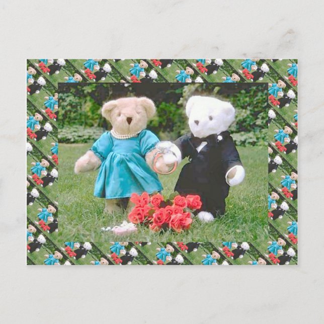 Postal osos de peluche, pareja bearly boda en el jardín (Anverso)