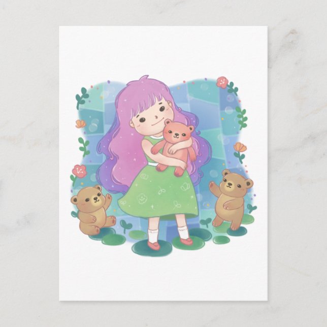 Postal Osos de peluche y Ilustracion Chica (Anverso)