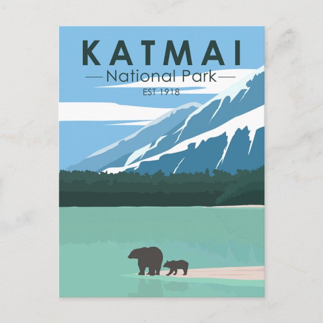 Postal Osos pardos del Parque Nacional Katmai Vintage (Anverso)