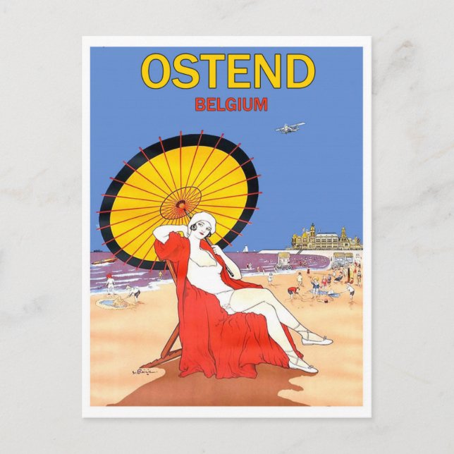 Postal Ostend, Bélgica, mujer en la playa con sombrilla (Anverso)
