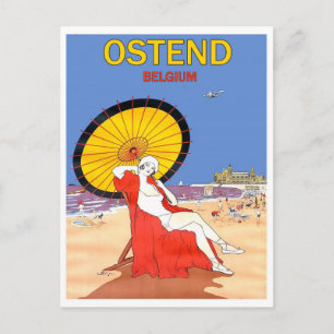 Postal Ostende, Bélgica, mujer en la playa con parasol