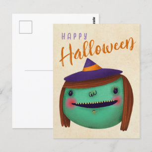 Postal Otoño Bruja Cute Halloween Acción de Gracias Caída