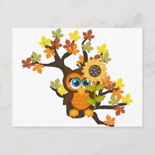 Postal Otoño, búho otoño con girasoles