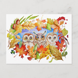Postal otoño de tres búhos