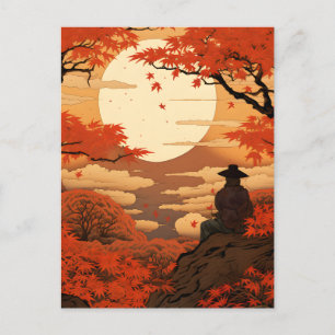 Postal Otoño de Ukiyo-e Japón otoño samurai