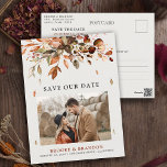 Postal Otoño deja al país ruso salvo la fecha<br><div class="desc">Elegante casamiento rústico de campo salvo la postal de fecha con hojas de eucalipto marrón,  rojo,  naranja y verde. Comuníquese conmigo para obtener ayuda sobre la personalización o si necesita cualquier otro producto con este diseño.</div>