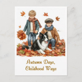 Postal Otoño Días Niños y Collie Fronteriza