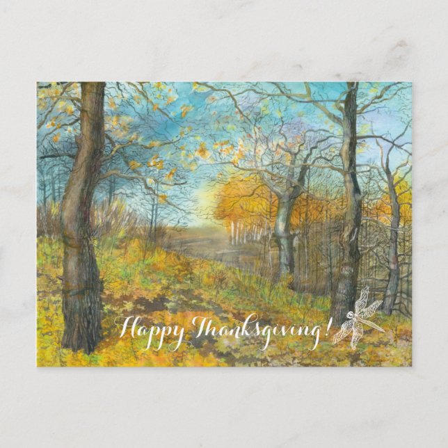 Postal Otoño dorado en un roble pintando acuarela (Anverso)