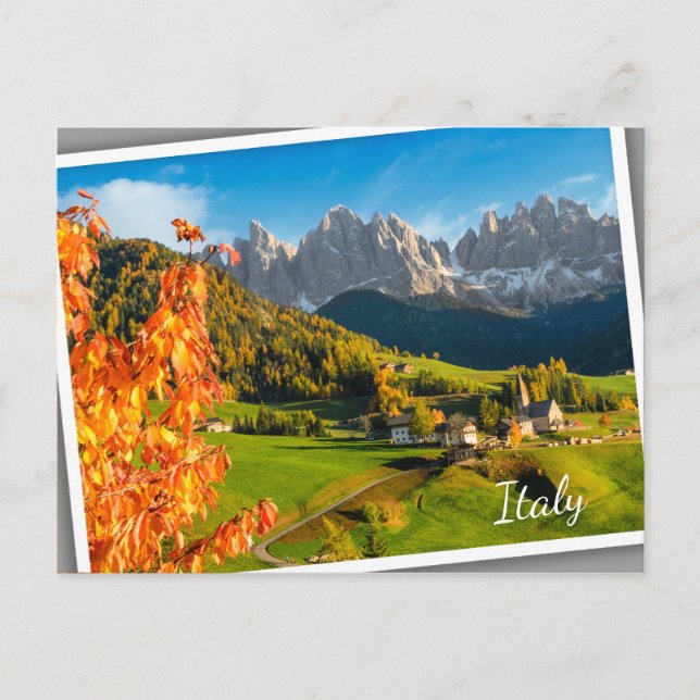 Postal Otoño en un paisaje Dolomita con iglesia (Anverso)