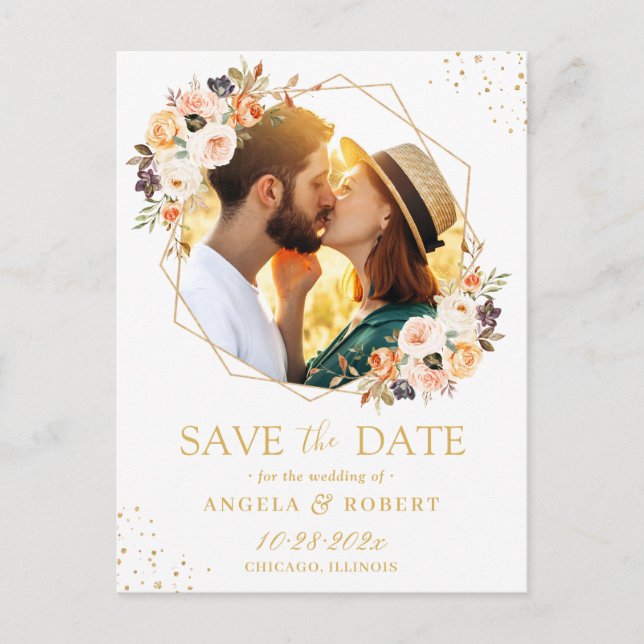Postal Otoño Floral Modern Gold Geometric Save the Date (Anverso)