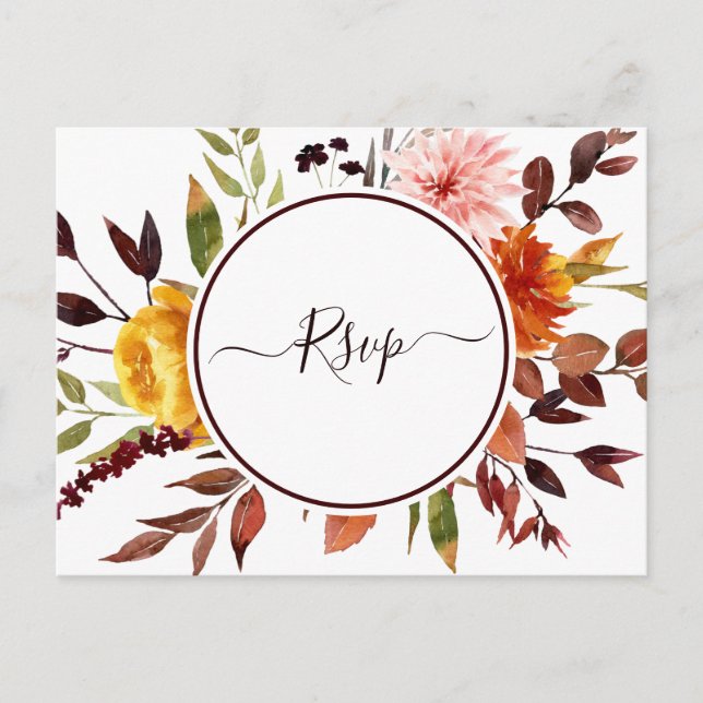 Postal Otoño Jardín Marsala Watercolor Wedding RSVP (Anverso)