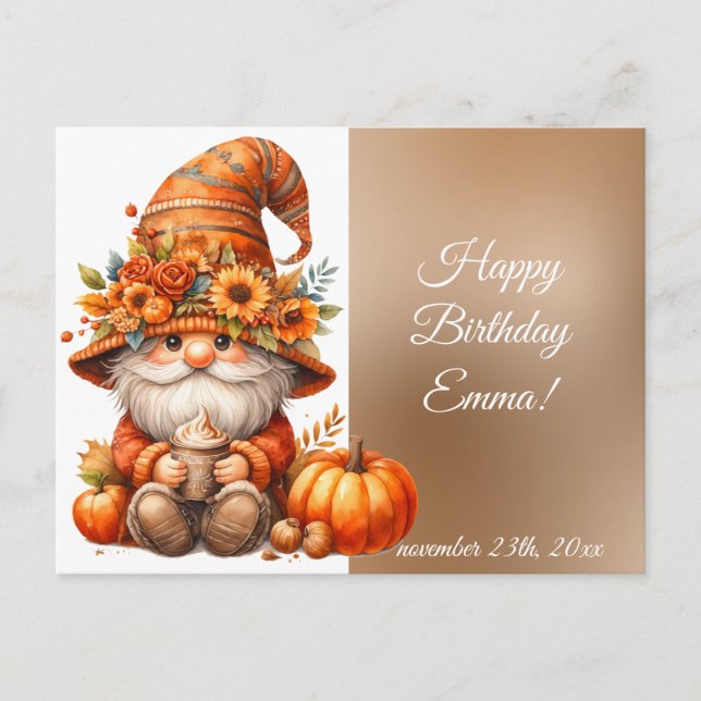 Postal Otoño la caída de Cute Gnome deja el cumpleaños (Anverso)