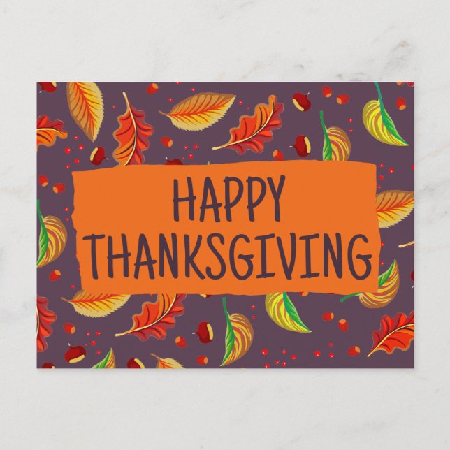 Postal Otoño moderno deja castañas caen Acción de Gracias (Anverso)