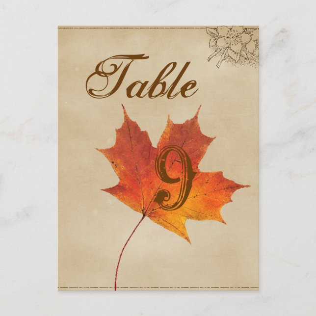 Postal Otoño Naranja Caída Sale números de tabla Boda (Anverso)