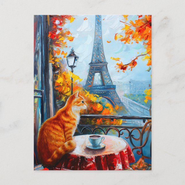 Postal Otoño parisino | Gato de jengibre en un café (Anverso)