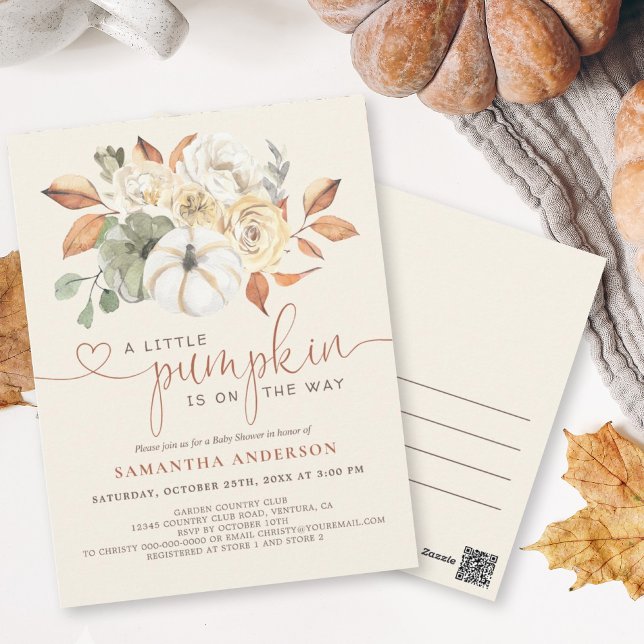 Postal Otoño Rústico Un Pequeño Baby Shower De Calabaza (Send out a Little Pumpkin Baby Shower invite as a postcard for an easy way to invite your guests.)