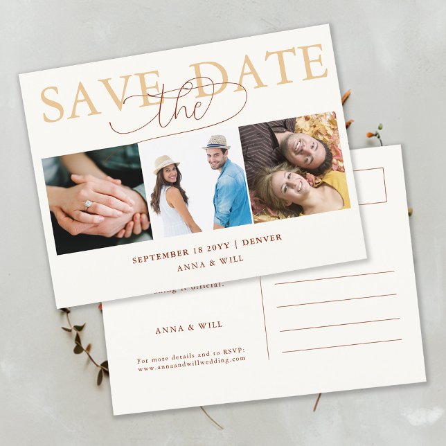 Postal Otoño Sale de la Boda Caída Foto Guardar la Fecha (Fall Autumn Leaves Photo Wedding Save the Date Postcard Modern Calligraphy Terracotta Burnt Orange)