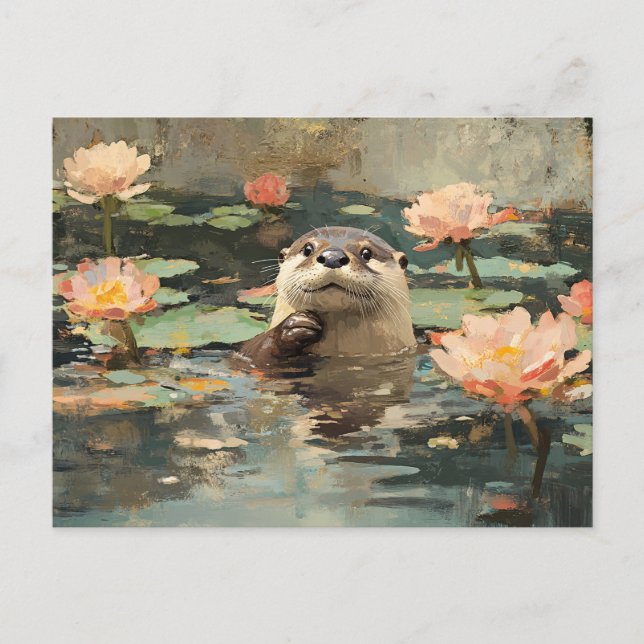 Postal Otter con pintura de flores de Lotus (Anverso)