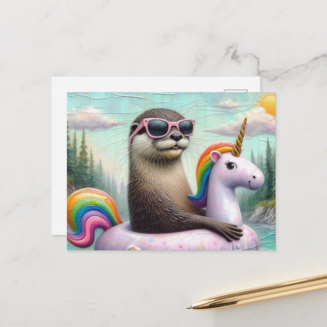 Postal Otter en un flotador de unicornio (Anverso/Reverso In Situ)