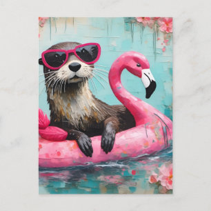 Postal Otter Flotando en un collage gracioso rosado de Fl