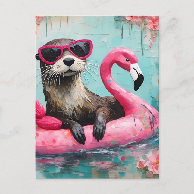Postal Otter Flotando en un collage gracioso rosado de Fl (Anverso)