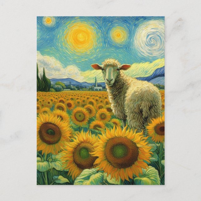 Postal Oveja en el campo del girasol Faux Van Gogh (Anverso)
