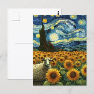 Postal Oveja en el campo del girasol Una falsa Van Gogh