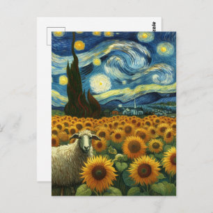 Postal Oveja en el campo del girasol Una falsa Van Gogh